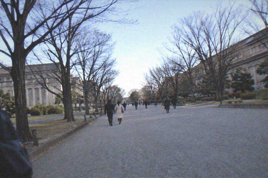 Visitors walking between museum buildings in Ueno Park on a weekday afternoon